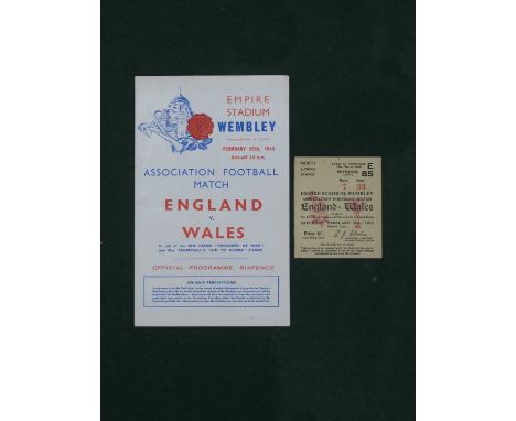 1943 England v. Wales Football Ticket and Programme, at Wembley, dated 27th February 1943. England won 5 - 3 (2).