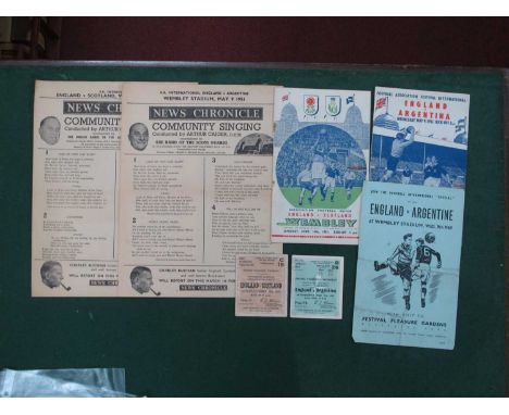 1951 England v. Argentina and Scotland, a football programme, ticket and song sheet from each game, together with a football 