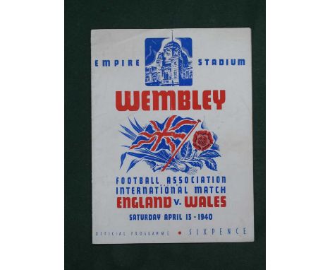 1940 England v. Wales Football Programme, for the game at Wembley, dated 13th April 1940 (vertical crease). Wales won 1 - 0.