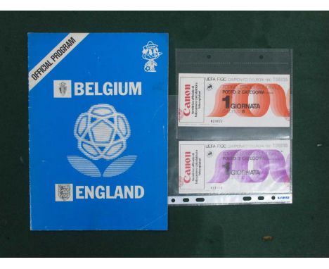 Euro 1980, England v. Belgium football match programme plus tickets for category 2 & 3 for the game in Turin on 12th June, 19