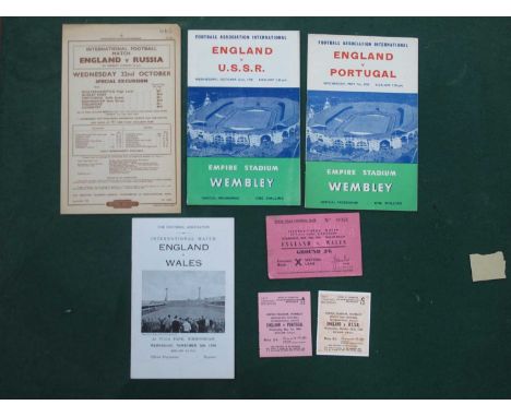 1958 England v. Wales, U.S.S.R, Portugal, a football programme and ticket from each game. Railway hand bill v. U.S.S.R (7)