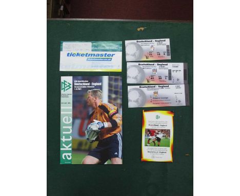 2001 Germany v. England, football tickets (x 2), another for Sabener Lounge, programme, and German itinerary, the last number