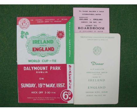 1957 Ireland v. England Football Programme and Boardroom Ticket, for the game at Dalymont Park, Dublin, together with a dinne