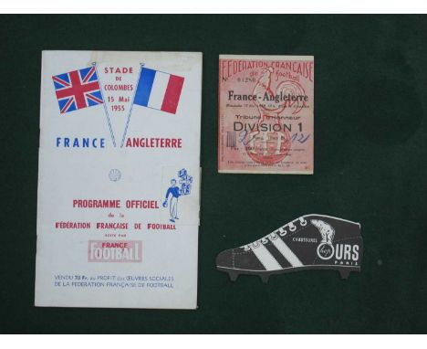 1955 France v. England Football Ticket, together with programme (stain to top) and boot book mark, for the game at Paris, dat