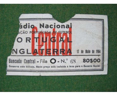 1964 Portugal v. England, football ticket for the game at Lisbon, dated 17th May 1964 (left side piece absent) England won 4 