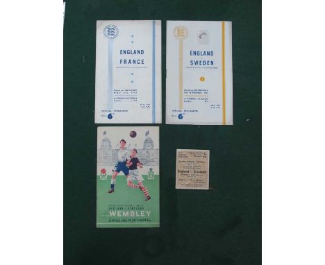 1947 England Home Football Programmes v. Scotland plus ticket at Wembley, v. France and Sweden at Highbury (4).