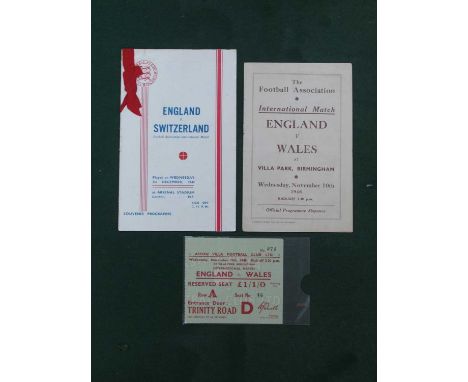 1948 England v. Wales Football Programme, (staple removed) and ticket for the game at Villa Park, together with programme fea