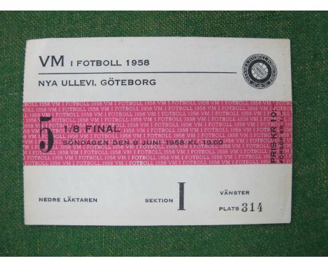 1958 World Cup England v. Russia, ticket for the group game at Gothenburg, dated 8th June 1958. The game finished 2 - 2