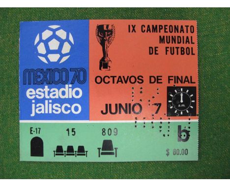 1970 World Cup Brazil v. England Ticket, for the Group Three Game at Jalisco Stadium, Guadalajara, dated 7th June. Brazil won