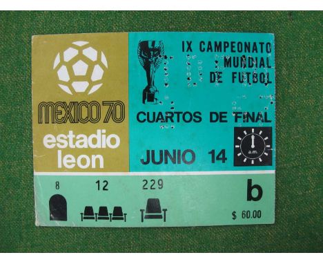 1970 World Cup England v. West Germany Ticket for The Quarterfinal Game at Nou Camp Stadium, Leon, dated 14th June. West Germ