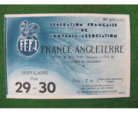 1938 France v. England Football Ticket, for the game in Paris, on 26th May 1938. England won 4 - 2