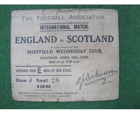 1920 England Football Ticket, for The International Match v. Scotland, at Sheffield Wednesday, dated Saturday, April 10th, 19