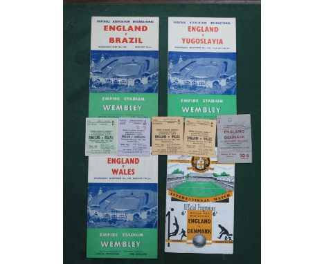 1956 England v. Brazil, Wales, Yugoslavia, Denmark, a football programme and ticket from each game, an extra ticket v. Wales.