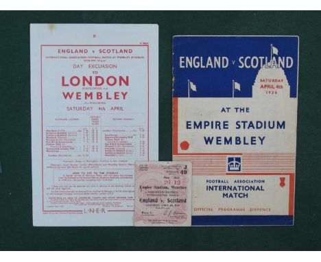 1936 England v. Scotland Football Ticket, Programme (rusty staple removed, creased), together with Railway hand bill, dated 4