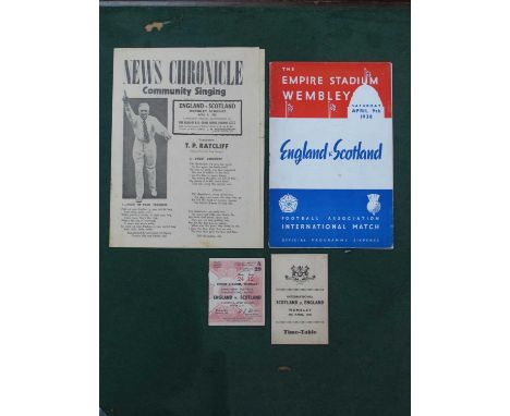 1938 England v. Scotland Football Ticket, Programme (rusty staple removed), song sheet, together with Scottish Itinerary for 