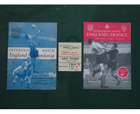 1951 England v. France Football Ticket and Programme, 1950 v. Yugoslavia programme, both at Highbury. (3).