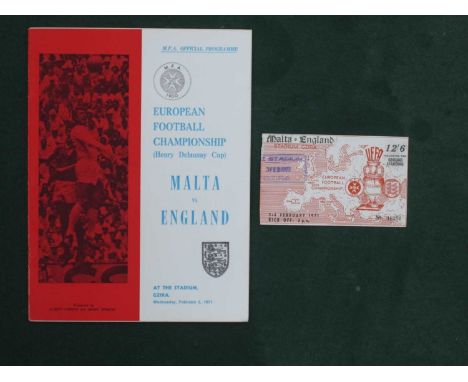 1971 Malta v. England Football Ticket and Programme, for the game at Gzira Stadium, dated 3rd February 1971. England won 1 - 