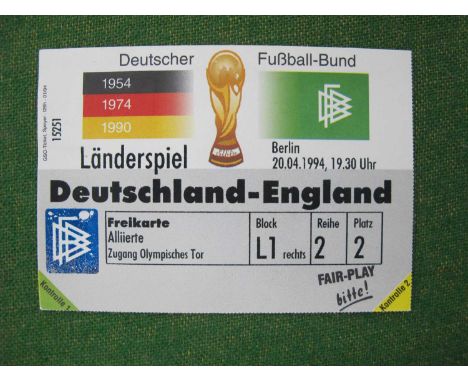 1994 Germany v. England, football match ticket for the cancelled game at Berlin, dated 20th April 1994, the fixture was postp