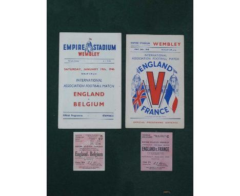 1945 England v. France Football Ticket and Programme, for the game at Wembley. 1946 England v. Belgium ticket and programme (