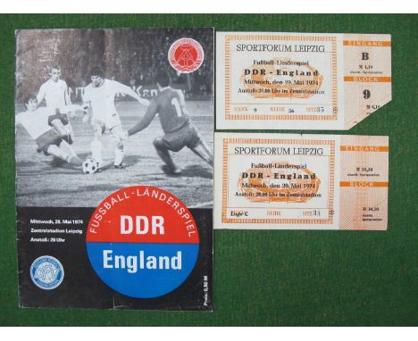 1974 East Germany v. England Football Tickets (x 2) plus programme for the game in Leipzig, dated 29th May 1974. The game fin