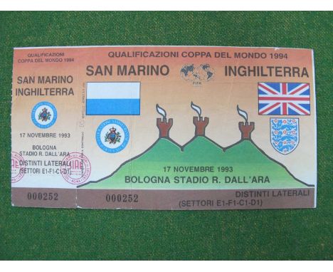 1993 San Marino v. England, football ticket for the World Cup Qualifier at Bologna, dated 17th November 1993, Number 000252. 