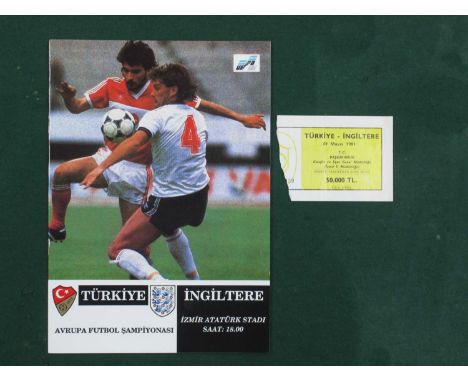 1991 Turkey v. England, football ticket and brochure programme for the game at Izmir, dated 1st May, 1991. England won 1 - 0.