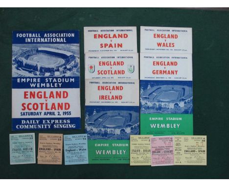 1954 England v. Germany, Wales. 1955 v. Ireland, Scotland, Spain. A programme and ticket from each game played at Wembley, an