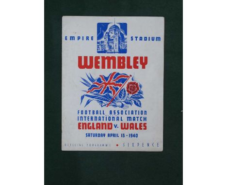 1940 England v. Wales Football Programme, for the game at Wembley, dated 13th April, 1940 (staples removed). Wales won 1 - 0.