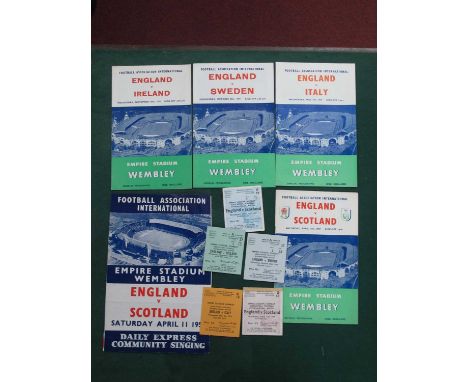 1959 England v. Scotland, Italy, Sweden, Ireland, football programme and ticket from each game, an extra ticket and song shee