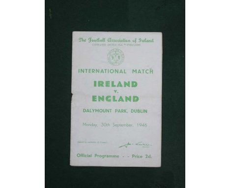1946 Ireland v. England Football Programme, for the game at Dalymount Park, Dublin, dated 30th September, 1946 (rusty mark wh