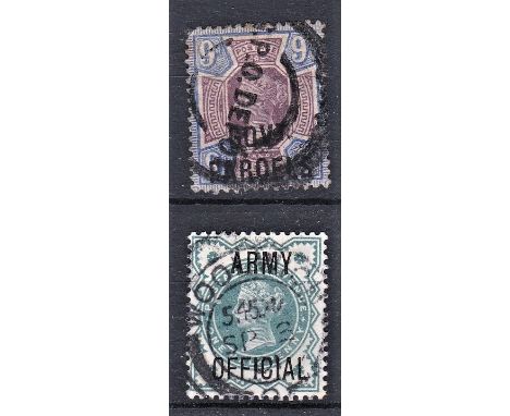 Great Britain 1888-1900 Governmental Parcels optd SG 067 used 9d and Army Official opt SG 042 used 1/2d. (2) Cat £130