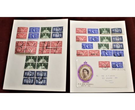 Great Britain 1953 Coronation group on two pages of SG 532-535 used sets as singles, pairs and blocks of four 2x singles with