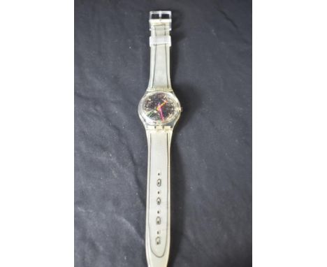 A 1993 Swatch 'Scribble' wristwatch with certificate of authenticity and original card packaging, packaging opened, watch pac