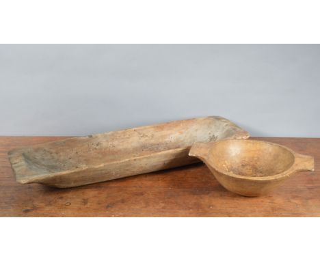 A 19th century treen soft wood trough, possibly pine with wear commensurate with age and use, total width 77cm, together with