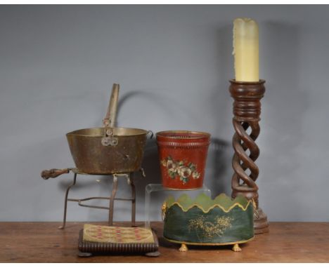 An assorted collection of 19th and 20th century works of art,&nbsp; comprising tole-ware items, a planter on brass paw feet (