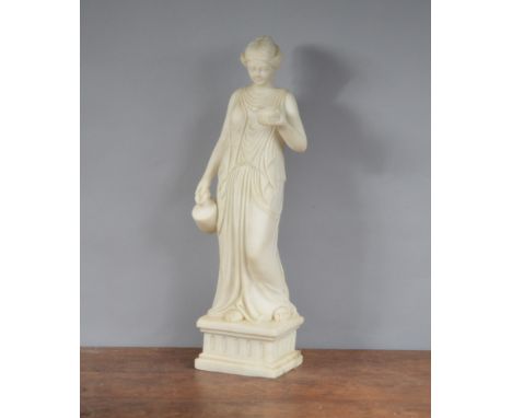 An 20th century hand-carved figure in alabaster of Hebe goddess,  holding a cup and jug on a neoclassical plinth, crack to fr