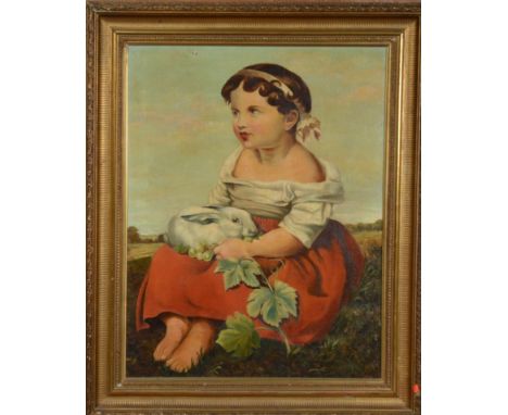 Oil on canvas, a portrait of a girl and a rabbit, oil on canvas, canvas re-backed, in a gilt frame, frame size 75cm x 61cm 