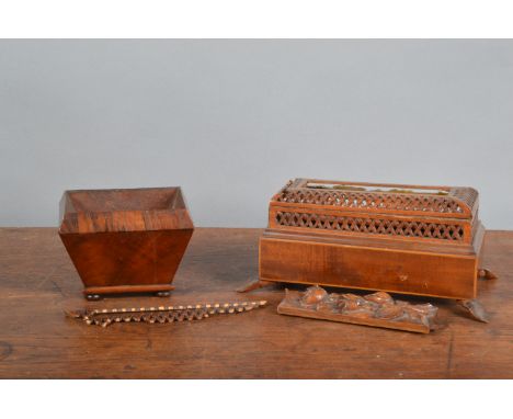 A small Regency rosewood and mahogany veneered tea caddy,  the lid missing raised on bun feet, 9cm H x 12cm W, together with 