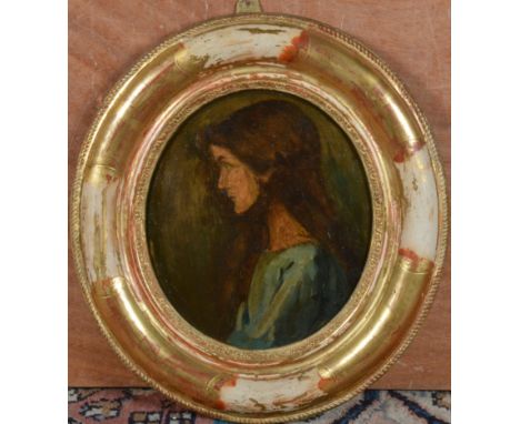 20th century school, portrait of a lady, oil on board, in a 19th century part gilt oval frame, frame size 37cm x 33cm 