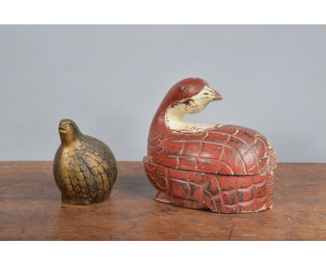 A carved wooden coot, painted in red and white as a box with removable lid, together with a small ceramic quail marked B Nobl