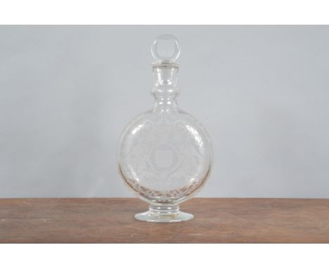 A Baccarat etched decanter, of circular moon flask shape for J &amp; T Martell, Cognac. Etched shield to centre and on stoppe