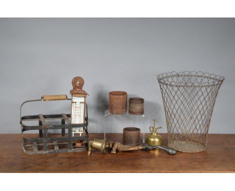 A collection of 19th century and later household metalware items, including a wire framed waste paper basket 36cm high, gradu