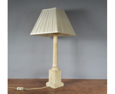 A large 19th century alabaster table lamp,&nbsp; with rectangular shade, fluted column on square base, 62 cm tall (excluding 