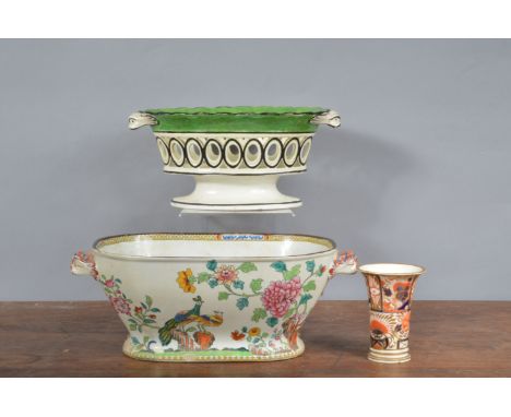 A group of 19th century pottery,  to include a footed creamware basket with painted rim and dolphin handles, a Copeland Spode