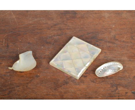 A small group of 19th century mother of pearl items, to including a calling card case with hinged lid on press-button, togeth