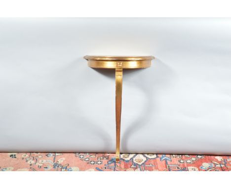 A modern gilt painted console table, demi-lune top with scrolling single support, 59cm H x 37cm W x 24cm D 