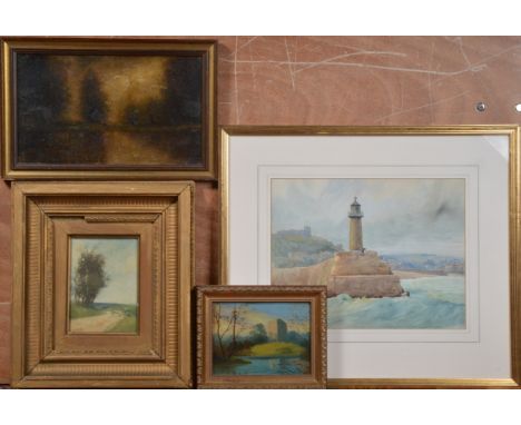 A collection of four framed works, including a watercolour of a lighthouse, a contemporary work indistinctly signed to the bo
