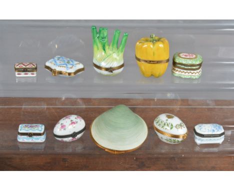 A collection of mostly Limoges patch and trinket boxes,&nbsp; of various forms, including one in the form of an oyster, with 