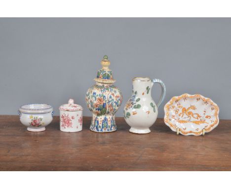 A small group of 19th century French faience,  to include a covered pot, a vase and cover, a sparrow beak jug, a small bowl a