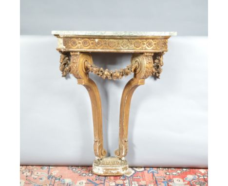 A French gilt gesso marble topped console table, losses to the decoration, with swag decoration, AF, 79cm H x 64cm W 